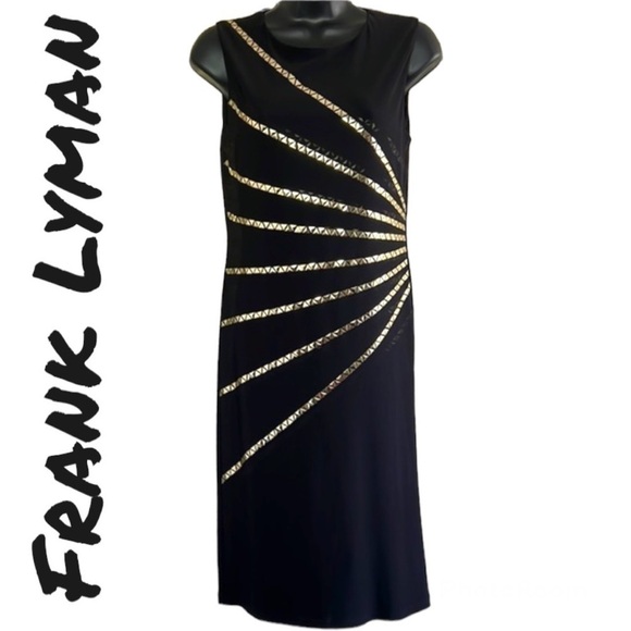 Frank Lyman Black/Gold Embellished Bodycone  Evening Dress Size 8 - Picture 1 of 13